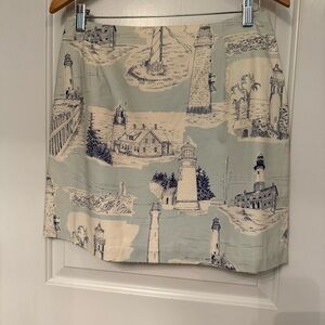 LOVE LIFE FELICE PAPPAS NEW SKIRT MINI BLUE WHITE LIGHTHOUSE PRINT SIZE L